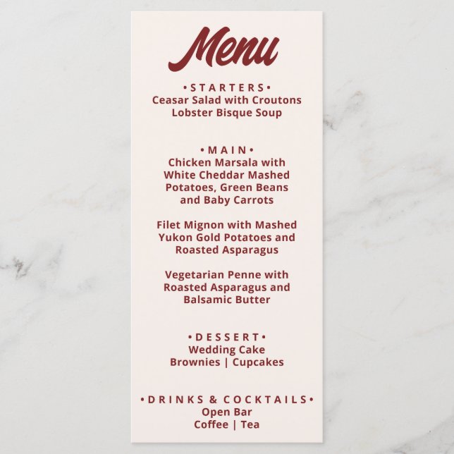 Menu Modern Burgundy Bold Funky Retro Unique Wedding  (Frente)