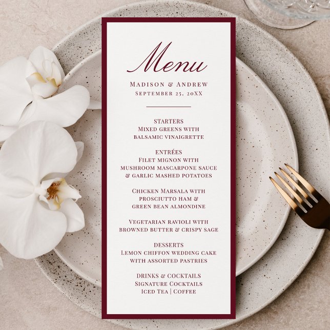 Menu Modern Burgundy Border Wedding (Criador carregado)