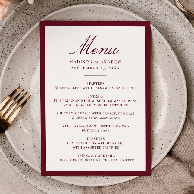Menu Modern Burgundy Border Wedding (Criador carregado)
