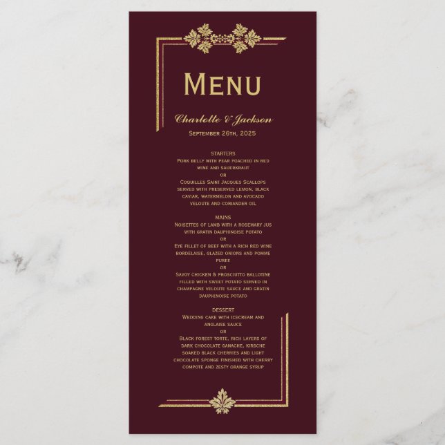 Menu Modern Burgundy e Dourado Casamento com Glitter (Frente)