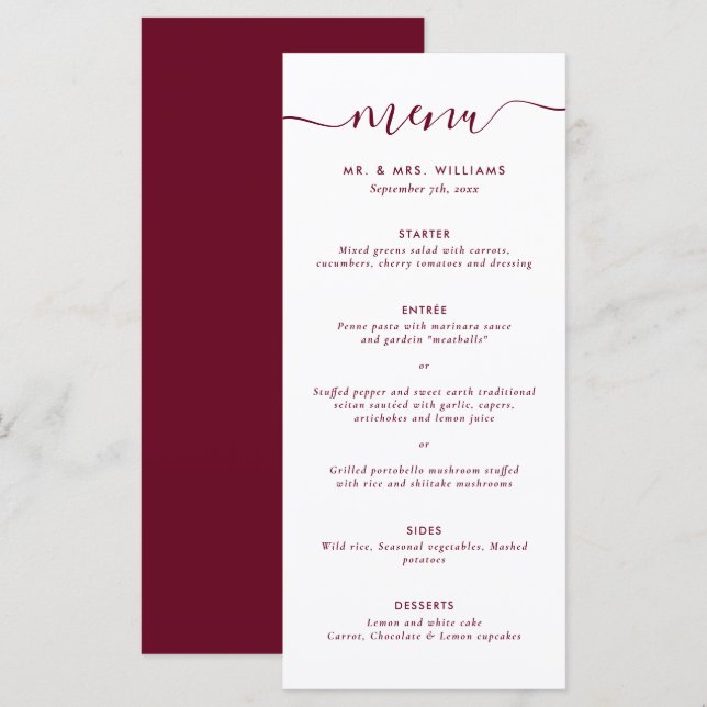 Menu Modern Burgundy Wedding (Frente/Verso)