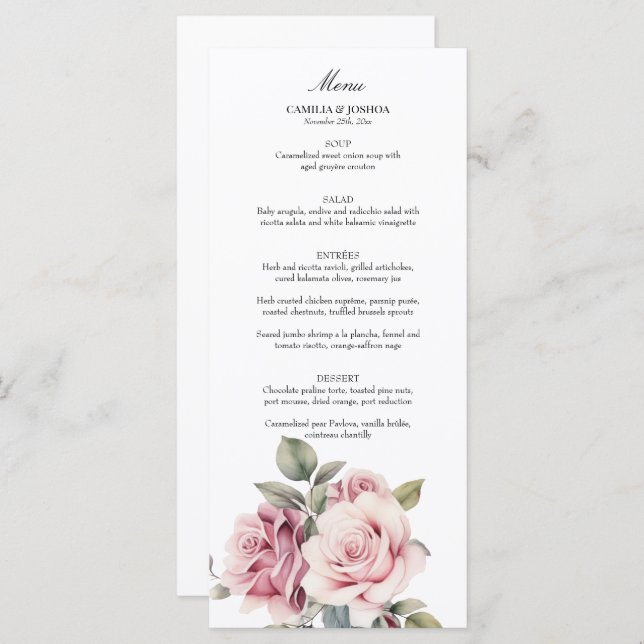 Menu Modern Chic Elegant Romantic Pink Rose Wedding (Frente/Verso)