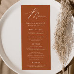 Menu Modern Elegance Terracotta Wedding<br><div class="desc">Menu de casamento simples e elegante com "Menu" exibido em um roteiro branco moderno com fundo de terracota ou cor de sua escolha. Personalize o menu de casamento de terracotta adicionando seus nomes, data de casamento e informações do menu. Projetado para coordenar com a nossa coleção de casamento do Modern...</div>