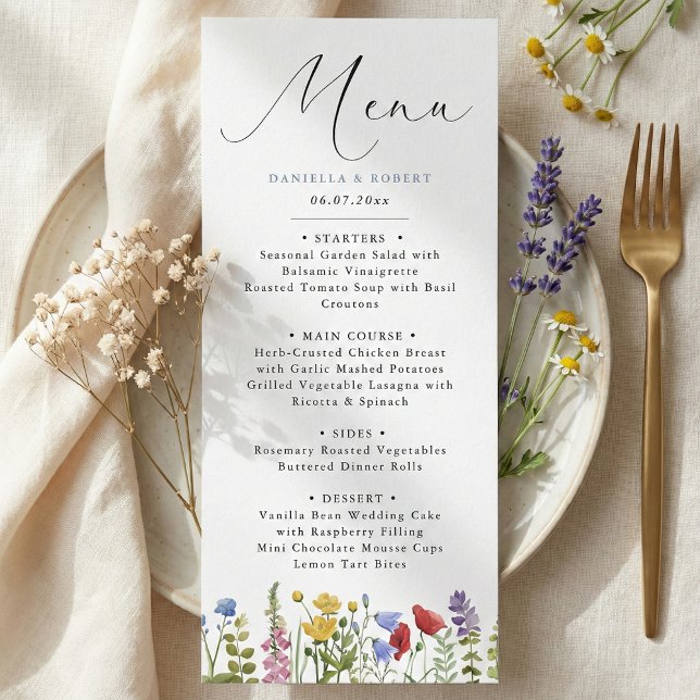 Menu Modern Elegant Spring Summer Wildflower Wedding (personalized modern minimalist elegant script calligraphy wildflower wedding menu card)