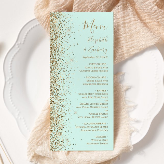 Menu Modern Gold Glitter Mint Green Wedding (Criador carregado)