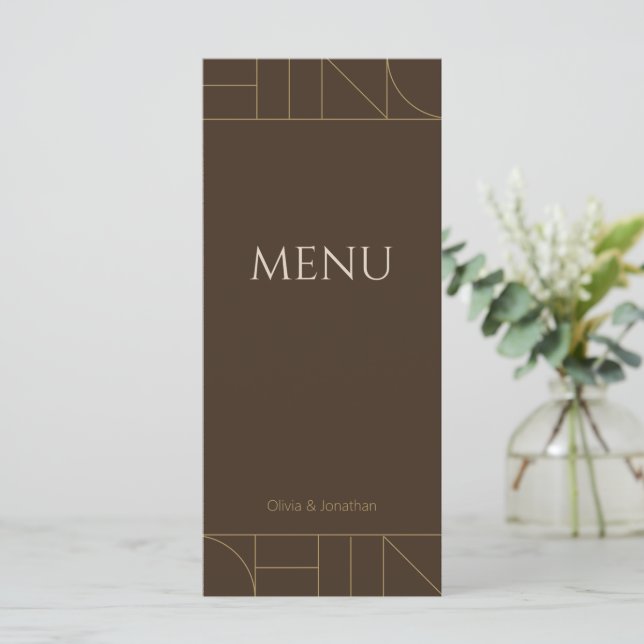 Menu Modern Gold Ornaments Dark Brown Wedding (Em pé/Frente)