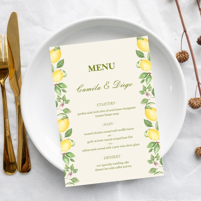 Menu Modern Mediterranean Olive Lemon Elegant Wedding (Criador carregado)