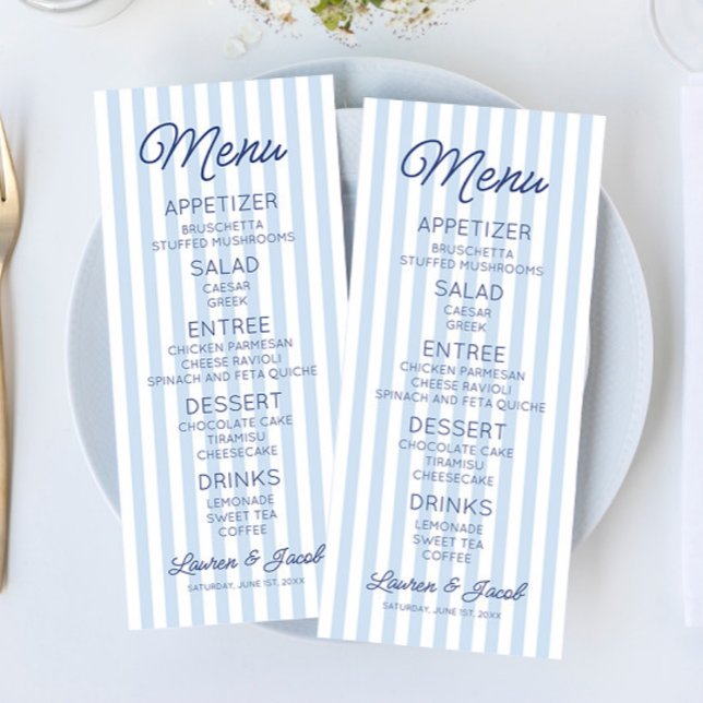 Menu Modern Minimal Minimalist Blue Stripes Wedding (Criador carregado)