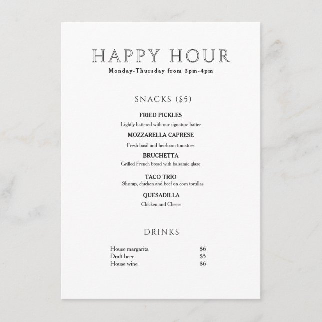 Menu Modern Minimalist Happy Hour (Frente)