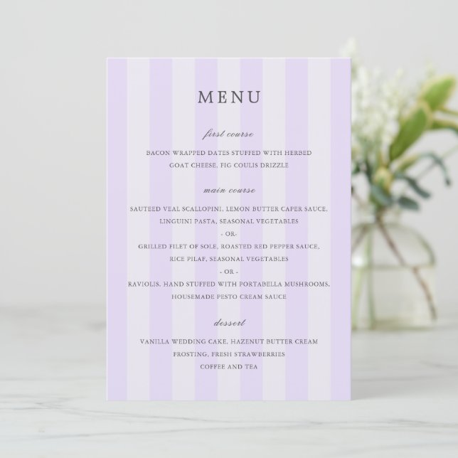 Menu Modern Purple Stripes Elegant Wedding (Em pé/Frente)
