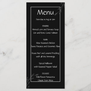Menu Moderna videira floral minimalista preta e branca