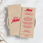 Menu Moderno Colorido Ousado Funky Retro Casamento Únic<br><div class="desc">Um menu de jantar de casamento colorido,  retrô,  funky,  moderno,  em tons de pêssego e amarelo. Que apresenta um design de modelo sofisticado com fundo cor-de-rosa doce vintage boho e tipografia ousada magenta vermelha. Perfeito e combinando com o conjunto todo.</div>