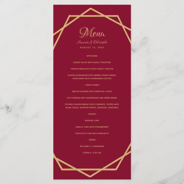 Menu Moderno Dourado no Casamento Geométrico Vermelho B (Frente)
