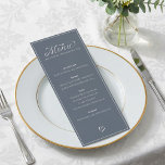Menu moderno elegante de mesa de quadro fino<br><div class="desc">Mesa de mesa superior Elegante e moderna recepção de casamento de com Sinal de inclinação com script branco e cabeçalhos. Deixe seu convidado festa de casamento saber o que está no menu de celebração da recepção de casamento com este design de menu minimalista com um roteiro elegante de tipografia branca...</div>