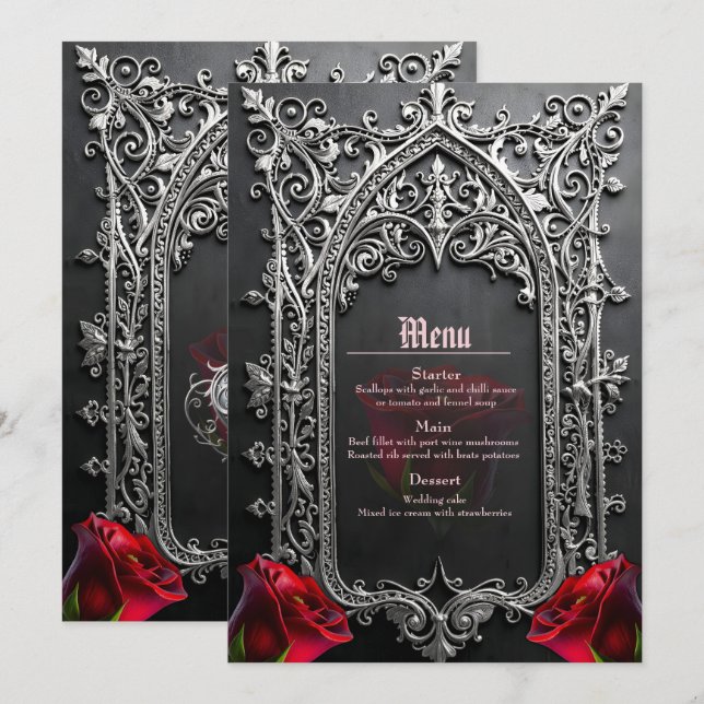 Menu Moldura de Rosa de Casamento Gótico Elegante (Frente/Verso)