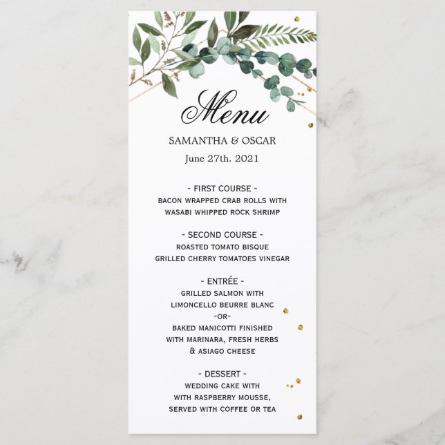 Menu Moldura Dourada de Eucalipto com Vegetação em Aqua (Frente)