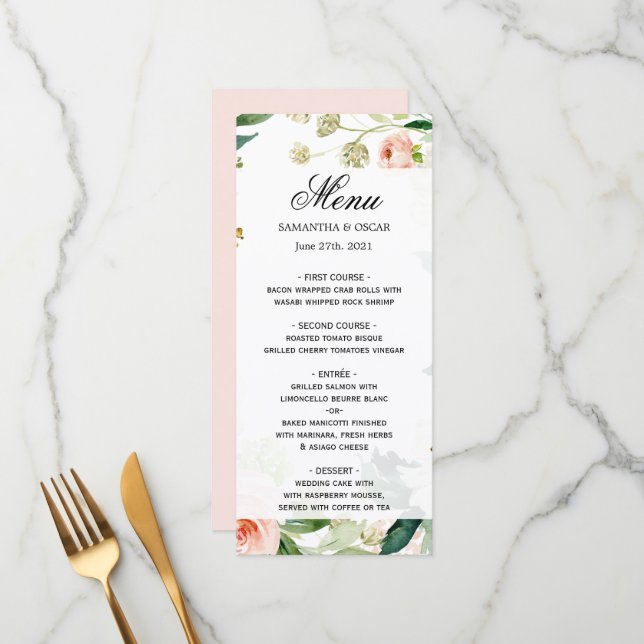 Menu Moldura Floral Aquarela Rosa Claro Elegante (Frente/Verso In Situ)
