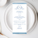 Menu Monograma Azul Cor de Água Elegante, Casamento<br><div class="desc">Aprecie seus convidados com este belo menu de casamento, com elegante monograma botânico desenhado à mão com casais iniciais e listras de aquarela azul na frente, enquanto no verso, listras brancas sobre um fino fundo azul de lavagem de aquarela. Fácil preencher modelo para pedir seus impressões! Monograma com iniciais em...</div>