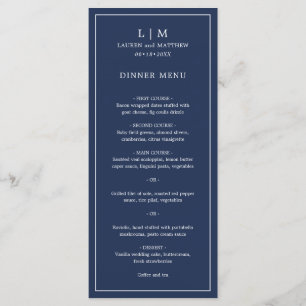 Menu Monograma Azul Marinho Simples Elegante Casamento