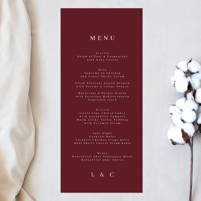 Menu Monograma branco de burgundy simples de marinho el (Criador carregado)