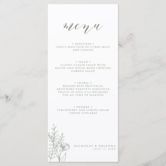 Menu Monograma de Casamento de Boho Moderno Verde e Min (Frente)