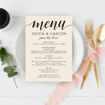 Menu Monograma de Casamento de Creme Moderno e Script N<br><div class="desc">Cartões de cardápio preto e branco, cremosos e quentes, modernos e neutros, apresentam um design tipográfico na moda preto com acentos de escrita de caligrafia e texto elegante personalizado que pode ser personalizado com seus deliciosos detalhes de menu de janto e um monograma dos nomes de noiva e noivo e...</div>