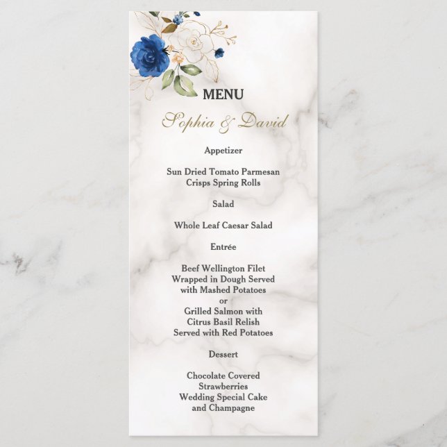 Menu Monograma de casamento de flores azuis douradas ca (Frente)