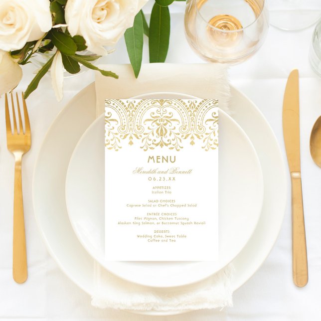 Menu Monograma de Casamento de Glamor Dourado Elegante (Criador carregado)
