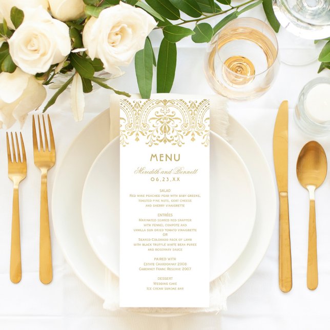 Menu Monograma de Casamento de Glamor Dourado Elegante (Criador carregado)