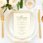 Menu Monograma de Casamento de Rolagem Dourada de Ivory<br><div class="desc">Cartões de menu de janto de casamento elegantes e formais apresentam um script de na moda e detalhes de rolagem com um design de inspiração vintage. Iva e ouro antigo. Personalize o monograma personalizado com os nomes da noiva e do noivo, a data do evento e os detalhes do menu....</div>