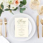 Menu Monograma de Casamento de Rolagem Dourada de Ivory<br><div class="desc">Cartões de menu de janto de casamento elegantes e formais apresentam um script de na moda e detalhes de rolagem com um design de inspiração vintage. Iva e ouro antigo. Personalize o monograma personalizado com os nomes da noiva e do noivo, a data do evento e os detalhes do menu....</div>
