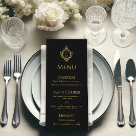 Menu Monograma de Casamento Elegante Dourado Faux Preto