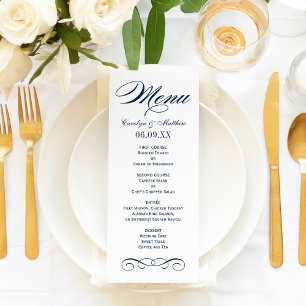 Menu Monograma de casamento elegante em azul naval com 
