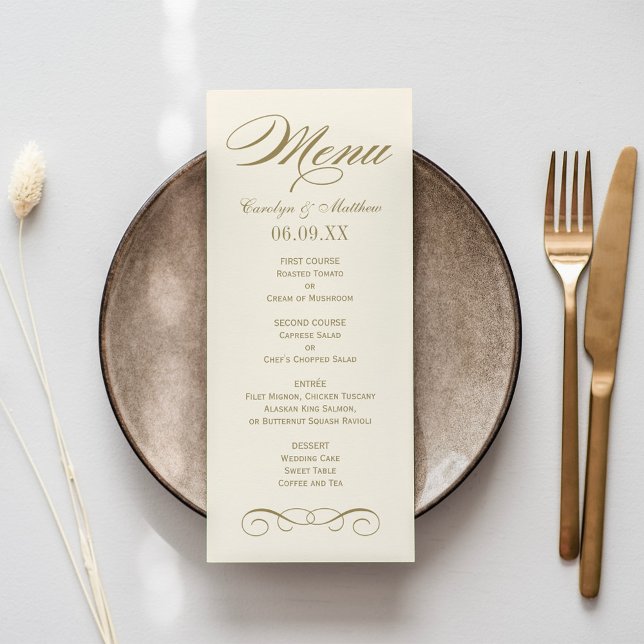 Menu Monograma de casamento elegante em ouro antigo mar (Criador carregado)