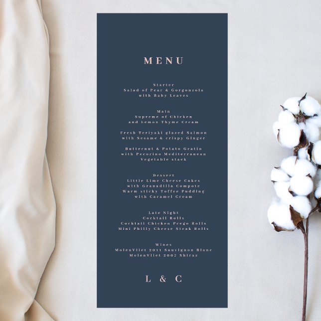 Menu Monograma de Rosa Marinho Azul Dusta Simples Elega (Criador carregado)