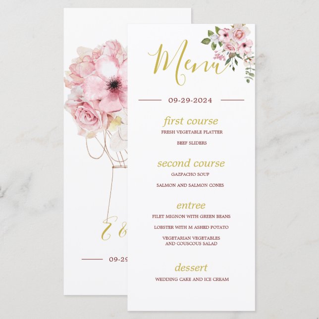 Menu Monograma Elegante Elegante Dourado de Rosas  (Frente/Verso)