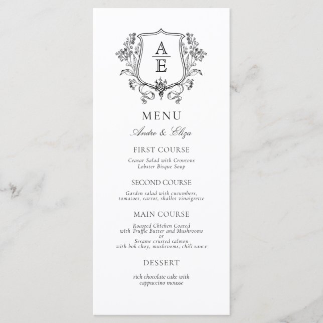 Menu Monograma Elegante Preto e Crest Branco (Frente)