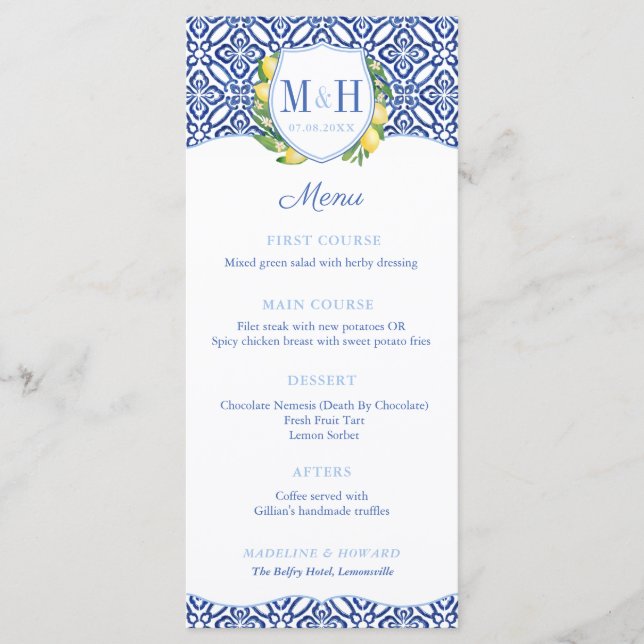 Menu Monograma Lemons Blue Azulejo Party (Frente)