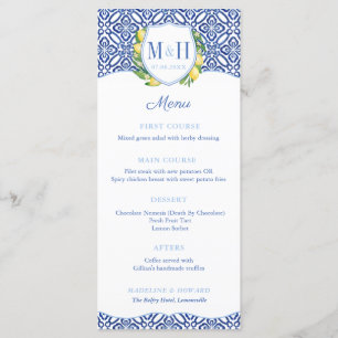 Menu Monograma Lemons Blue Azulejo Party
