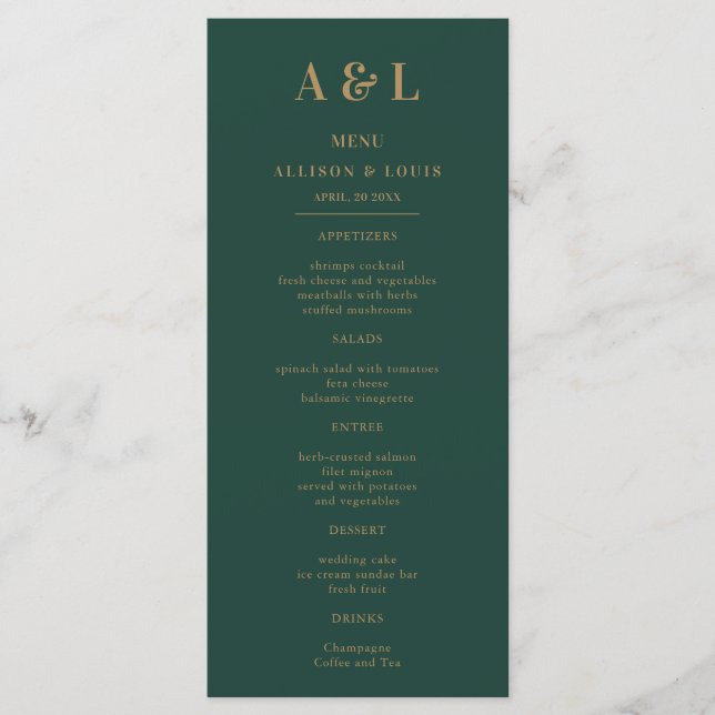 Menu Monograma Minimalista de Casamento Emerald Green D (Frente)