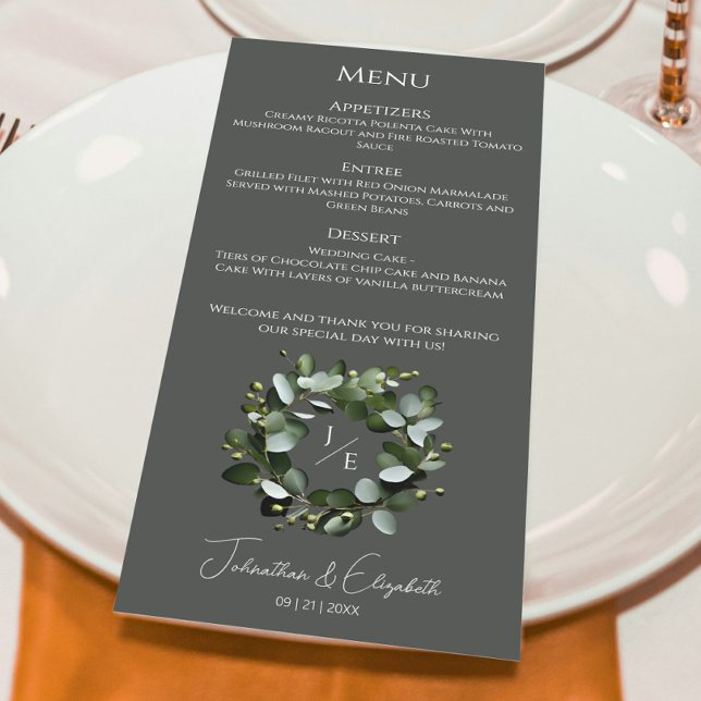 Menu Monograma Moderno Eucalyptus Wreath | Cinza (Gray Modern Monogram Eucalyptus Wreath Wedding Menu)