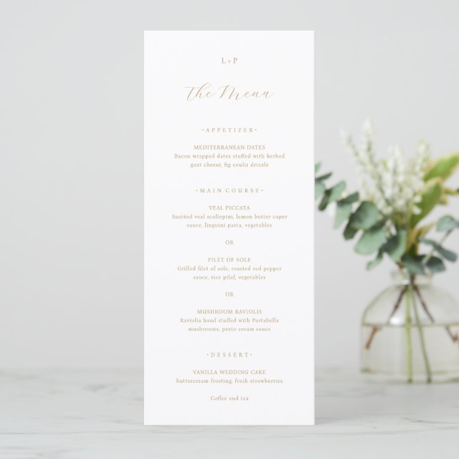 Menu Monograma Neutro Clássico Elegante Casamento (Em pé/Frente)