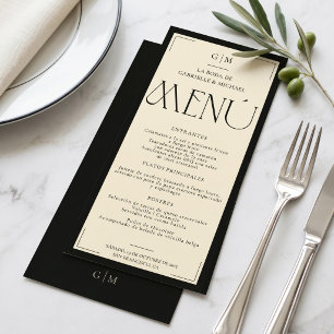 Menu Monograma Preto Marfim Boda Espanhola Casamento