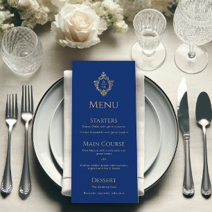 Menu Monograma Real Blue Faux Gold Foil Crest Casamento