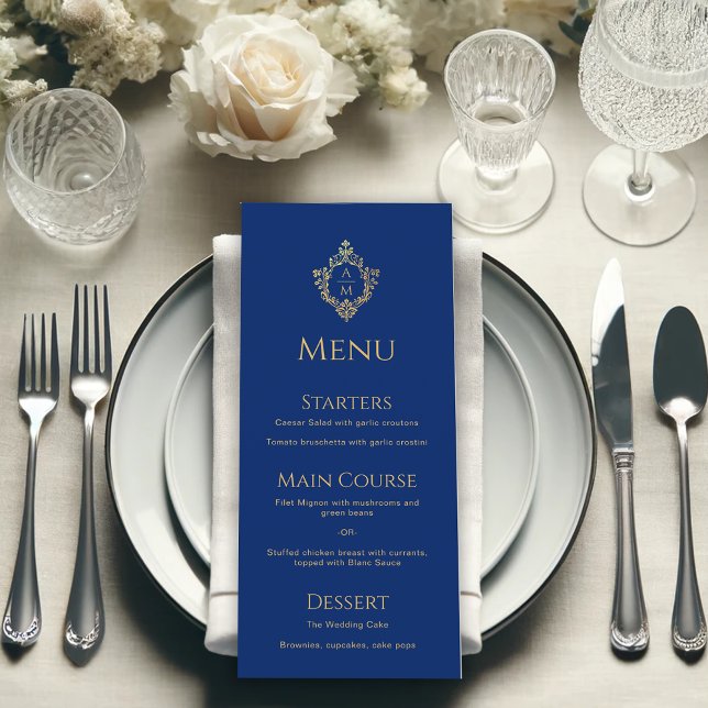 Menu Monograma Real Blue Faux Gold Foil Crest Casamento (Criador carregado)