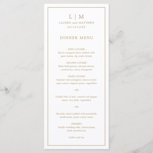 Menu Monograma Simples de Ouro Antigo Casamento Elegant (Frente)