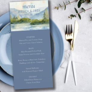 Menu Montanha Lago Watercolor Casamento Azul Dusty