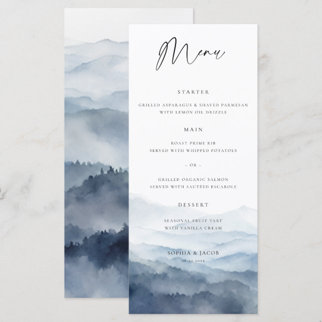 Menu Montanhas Blue Ridge Nebulosa Casamento Moderno  (Frente/Verso)