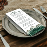 Menu Montanhas de Aquarela e Casamento Russo Elegante D<br><div class="desc">Este menu de casamento é simples,  rústico e elegante. Ele apresenta um título de caligrafia de script de rico com montanhas de aquarela e pinheiros. A parte de trás é uma cor verde da floresta marmoreada. Perfeito para uma recepção ao ar livre.</div>