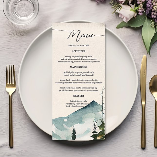 Menu Montanhas e Pinheiros em Aquarela Casamento (Criador carregado)